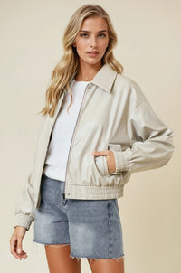 Vegan Leather Bomber Jacket (cream)