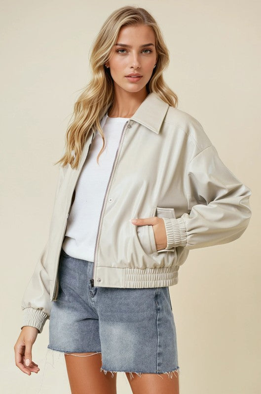 Vegan Leather Bomber Jacket (cream)