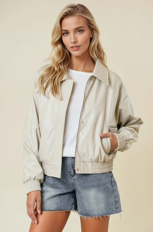 Vegan Leather Bomber Jacket (cream)