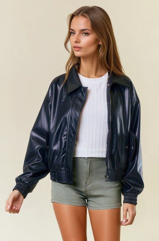Vegan Leather Bomber Jacket (black)