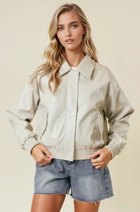 Vegan Leather Bomber Jacket (cream)