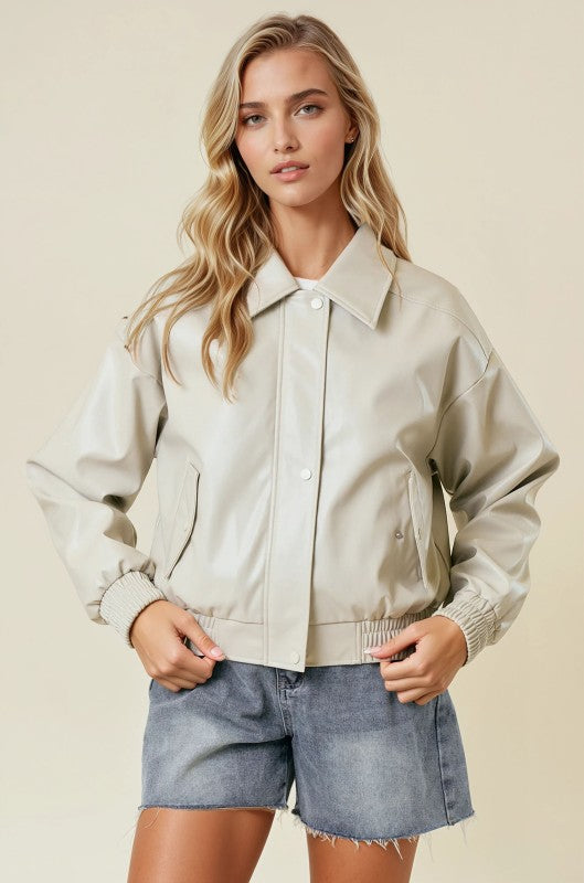 Vegan Leather Bomber Jacket (cream)