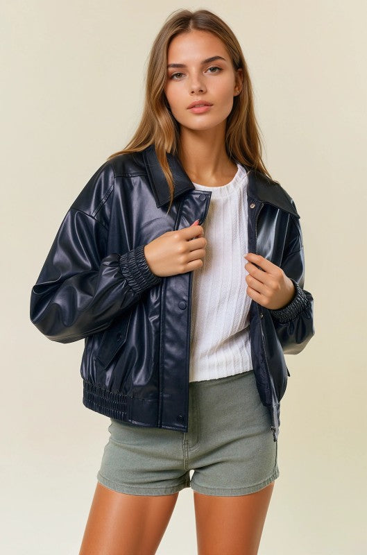 Vegan Leather Bomber Jacket (black)