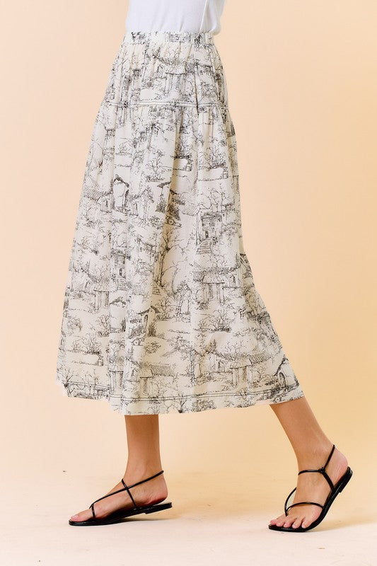 Toile French Print Midi Skirt