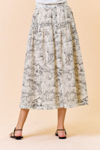 Toile French Print Midi Skirt