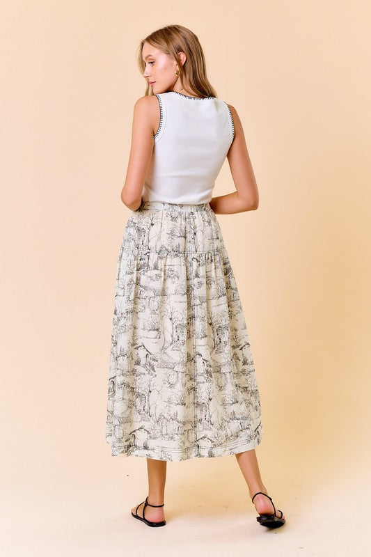 Toile French Print Midi Skirt