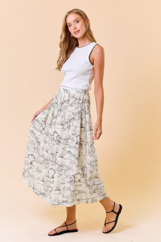 Toile French Print Midi Skirt