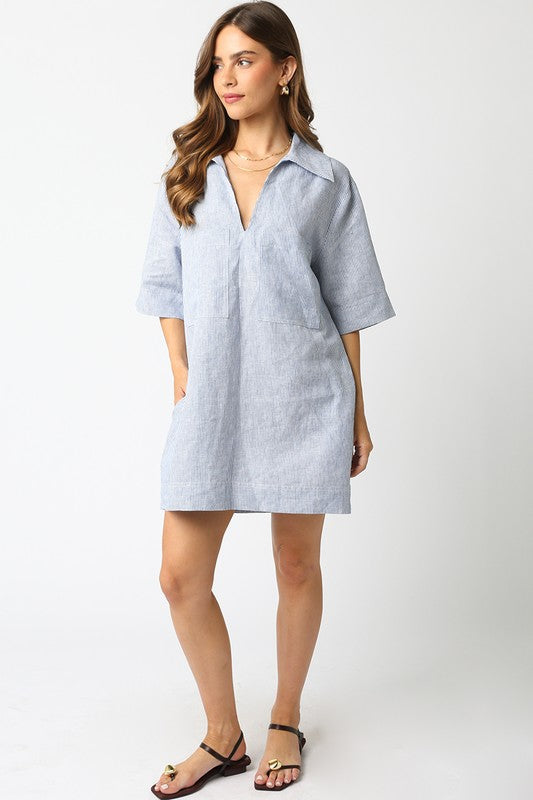 Linen Striped Pocket Dress (blue)