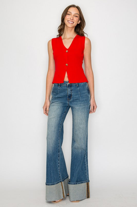 Metal Button Cropped Vest (red)