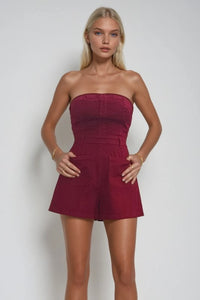 Denim Washed Romper (maroon)