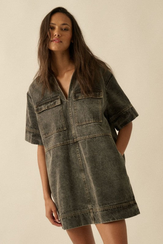 Denim Collared Pocket Dress