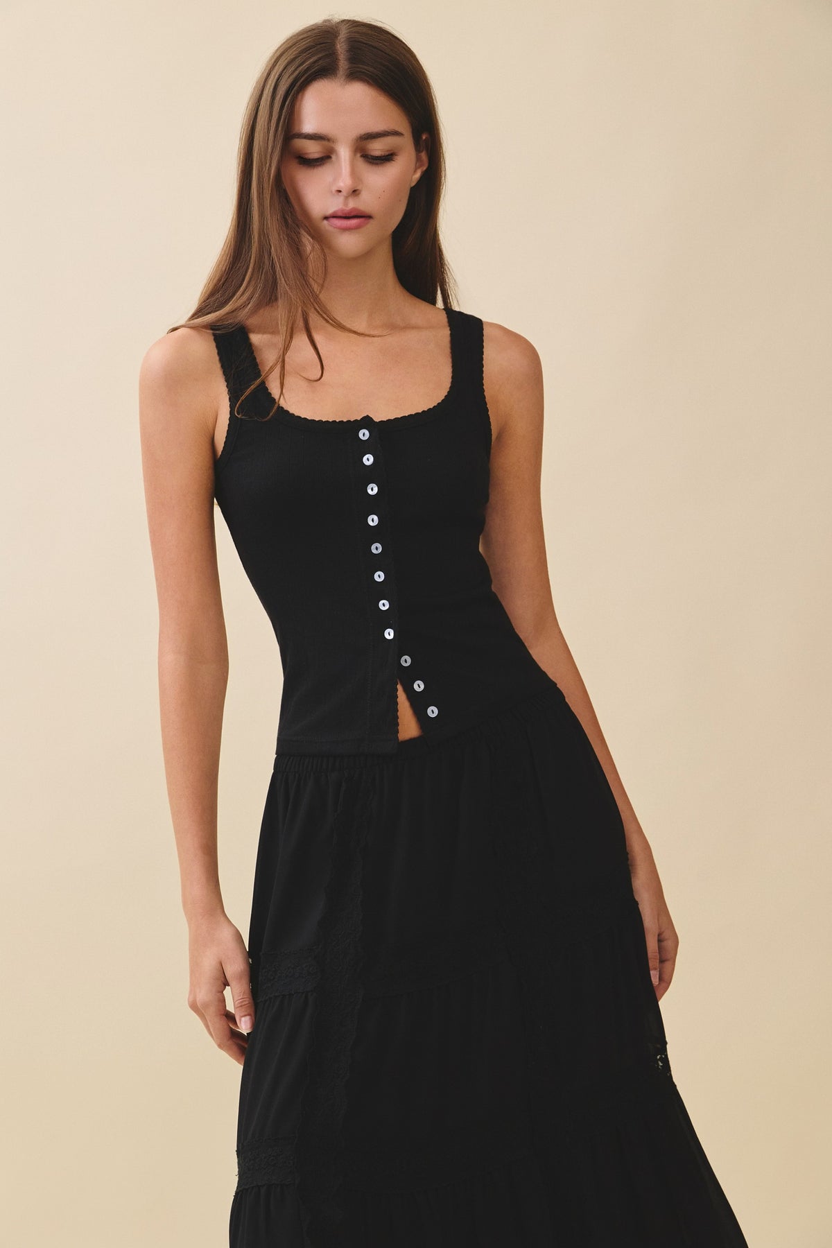 Button Pointelle Cami (black) - GEORGE-MARY'S