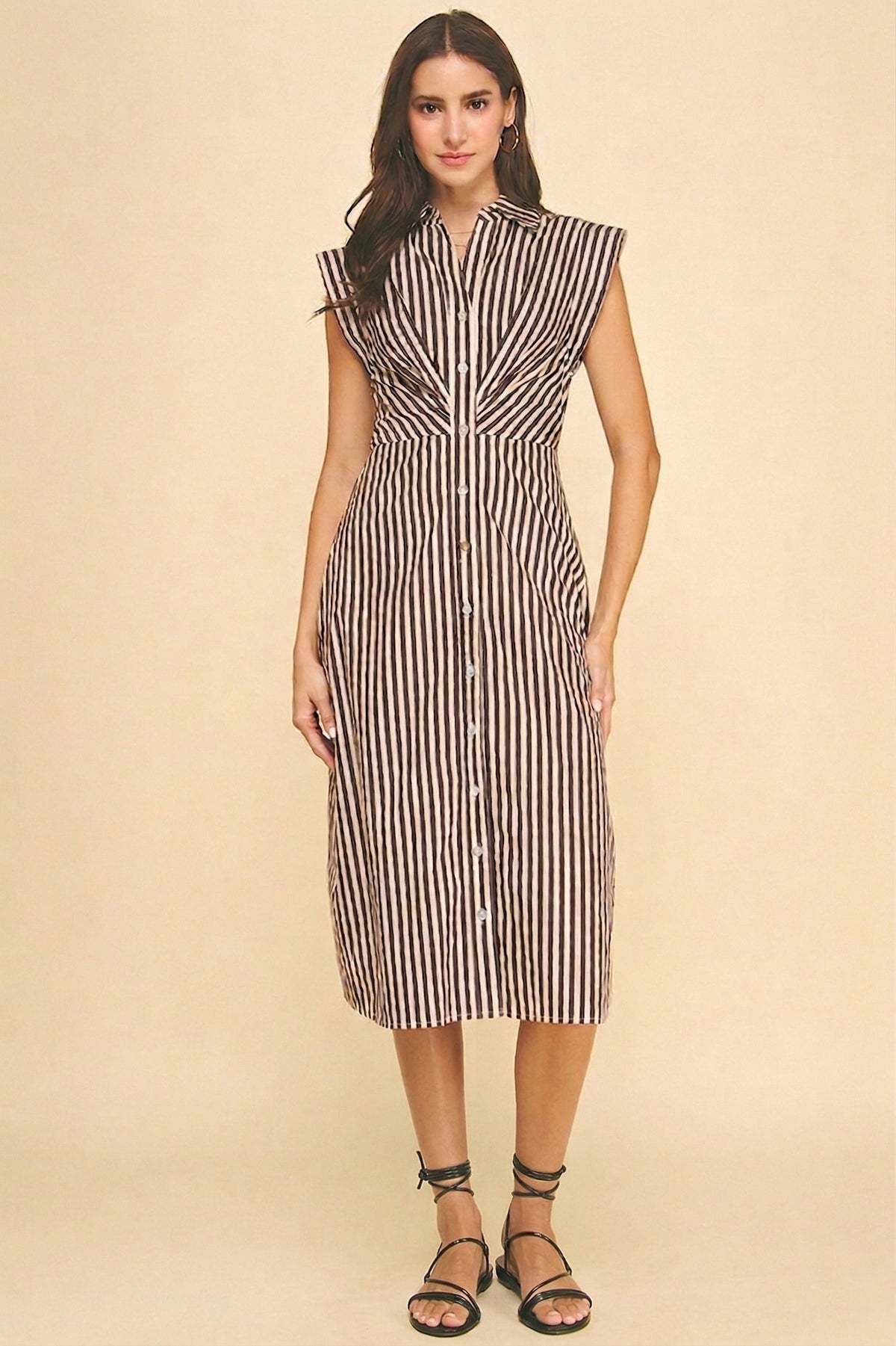 Avery Striped Button Dress (brown) - GEORGE-MARY'S