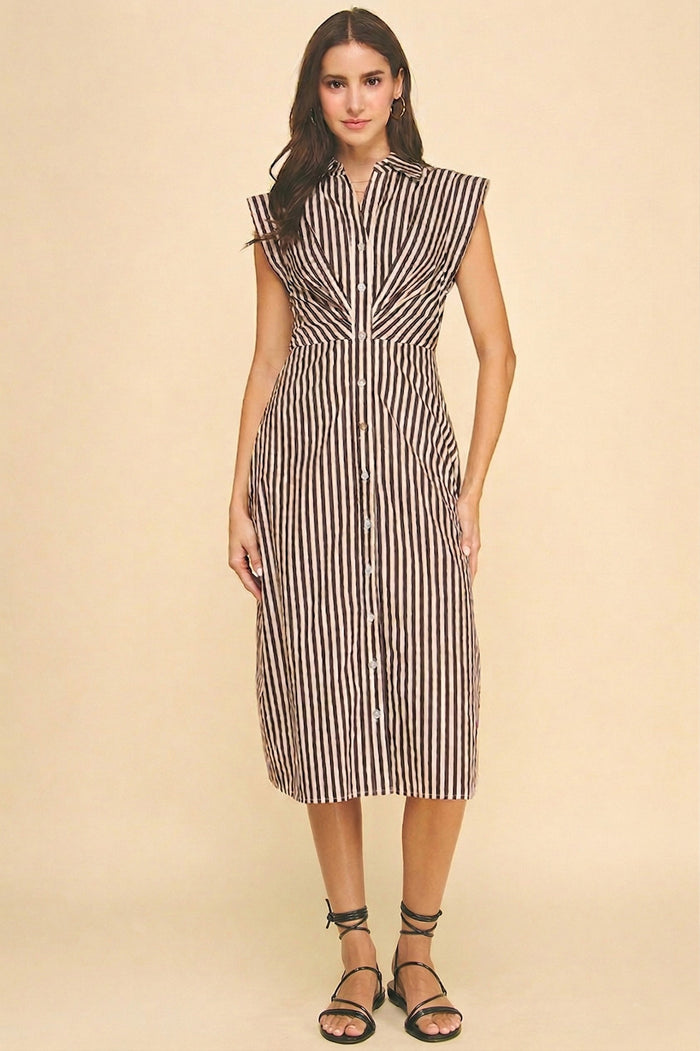 Avery Striped Button Dress (brown) - GEORGE-MARY'S
