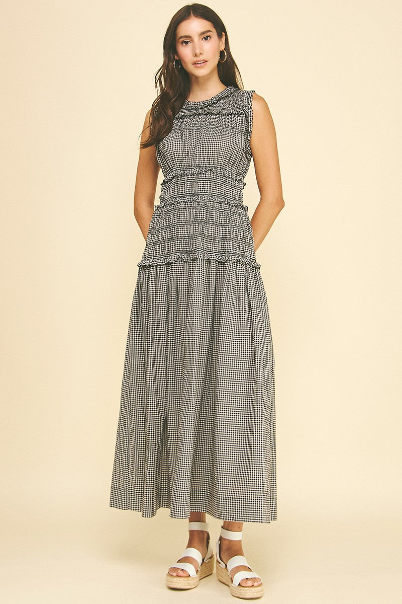 Gingham Shirred Maxi Dress (black)