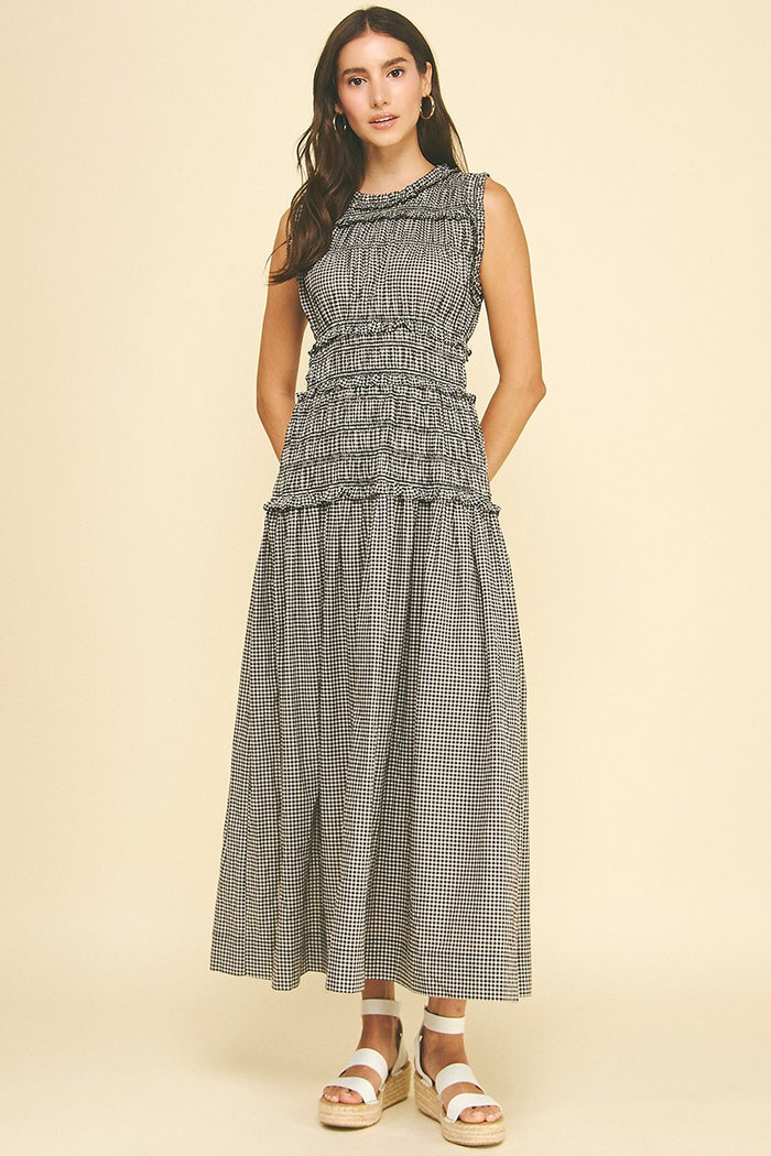 Gingham Shirred Maxi Dress (black)