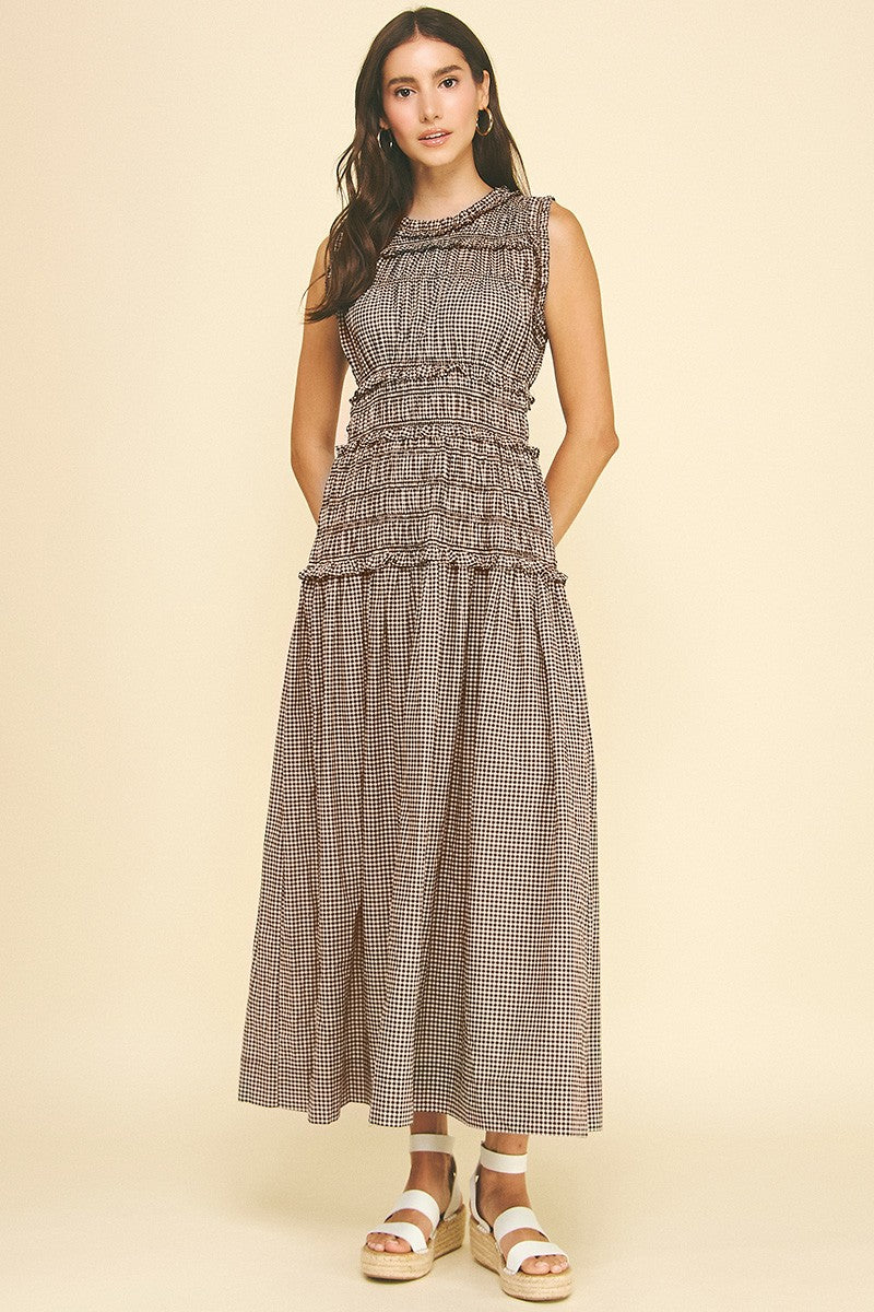 Gingham Shirred Maxi Dress