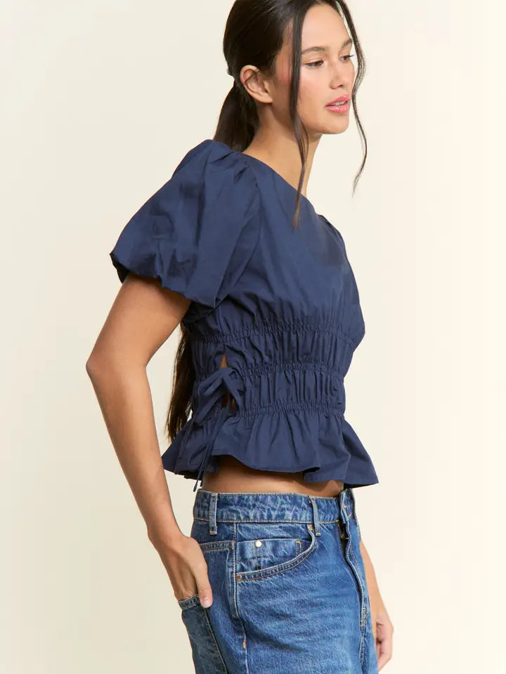 Lola Smocked Puff Sleeve Top (navy) - GEORGE-MARY'S