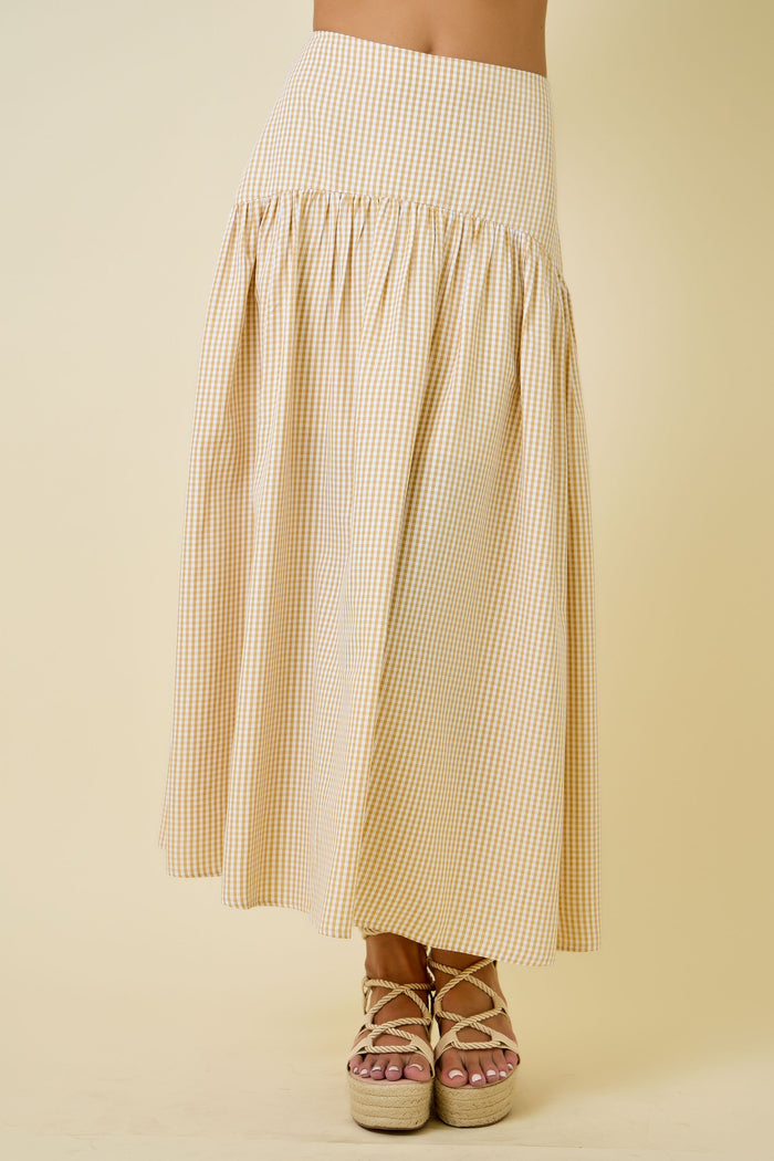 Gingham Cuved Yoke Skirt (tan)