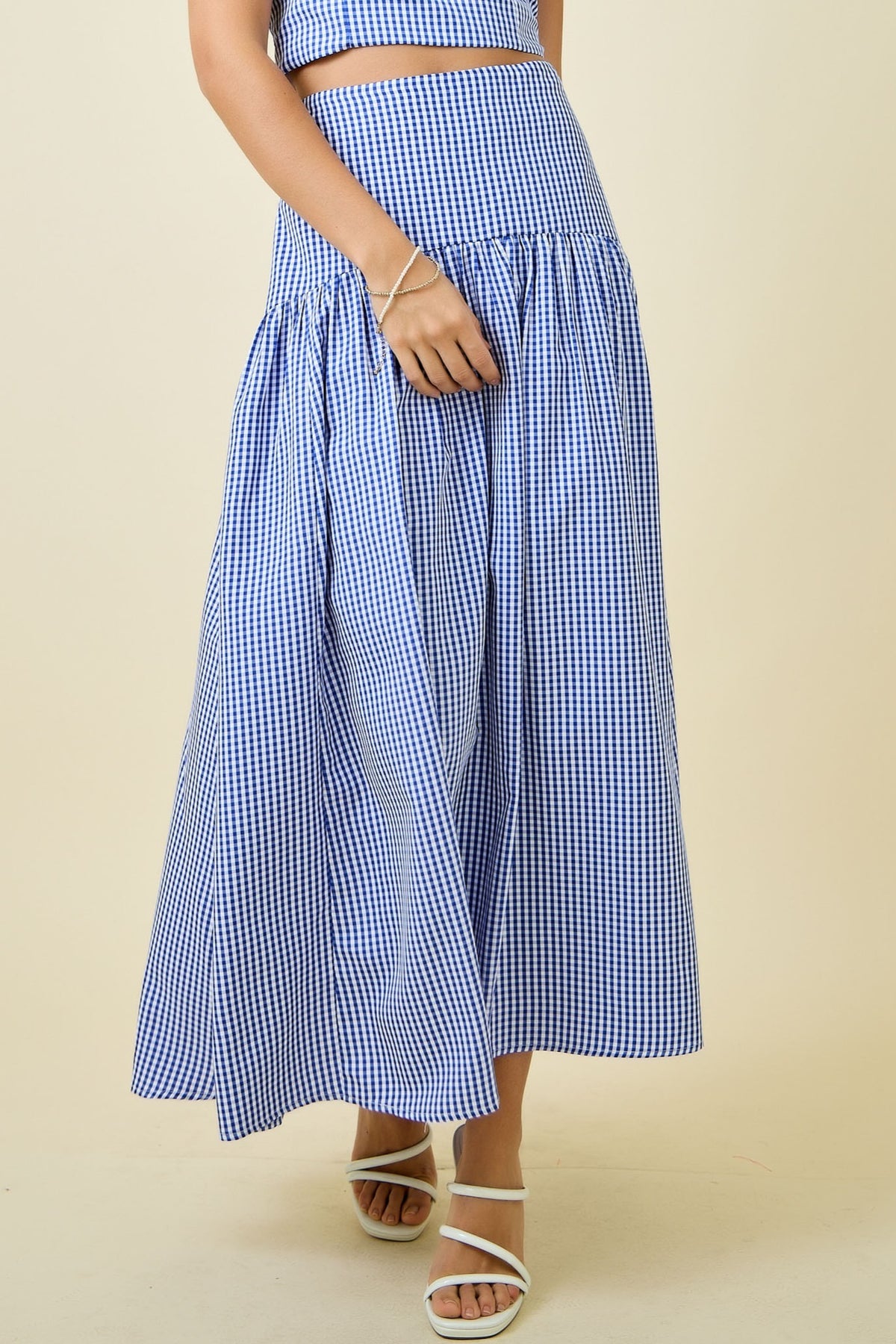 Gingham Cuved Yoke Skirt (navy)