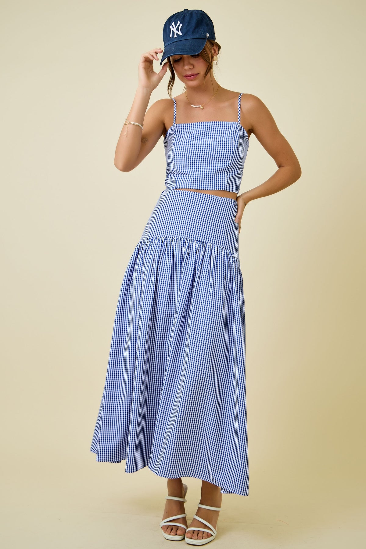 Gingham Cuved Yoke Skirt (navy)