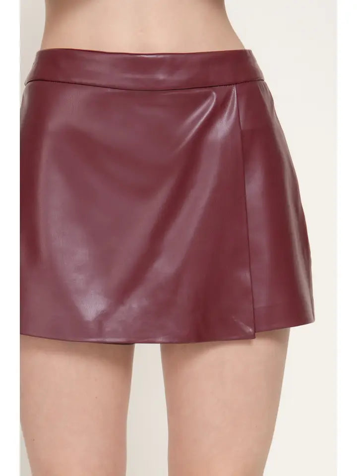 Wrap Faux Leather Skort (maroon)