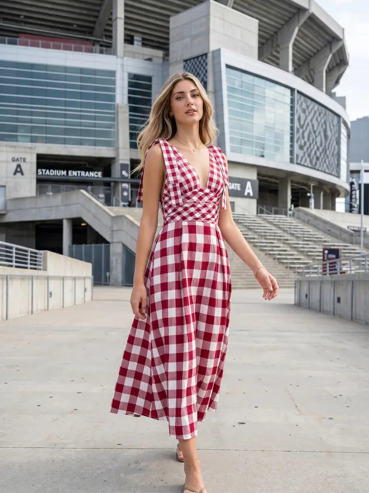 Checkered Maxi Dress (maroon) - GEORGE-MARY'S