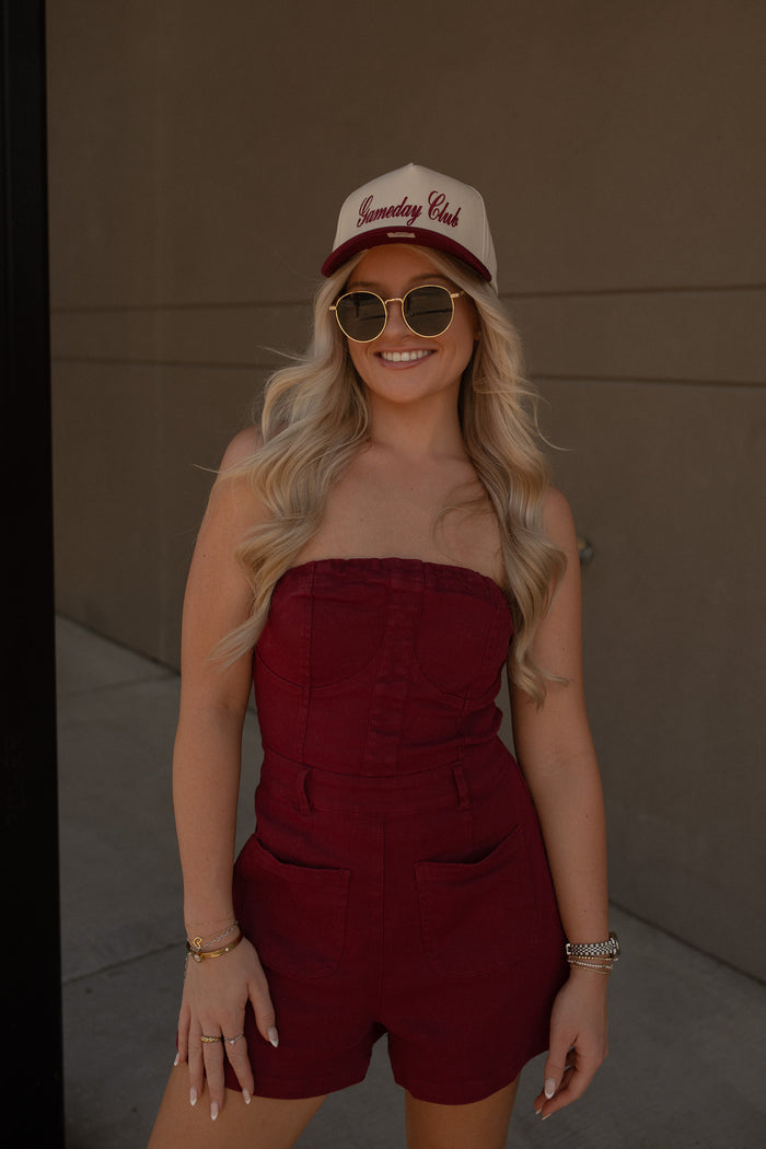 Denim Washed Romper (maroon)