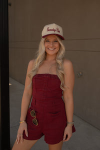 Denim Washed Romper (maroon)