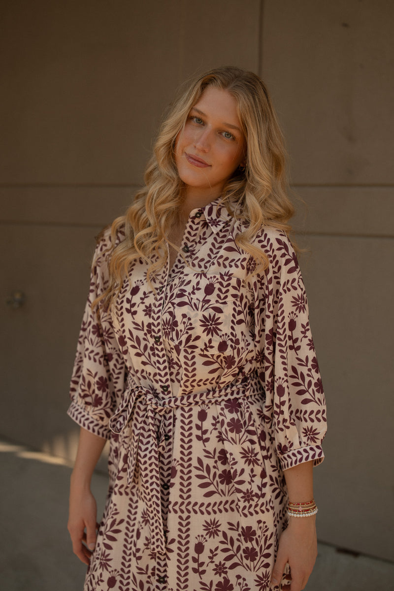 Adeleine Floral Shirt Dress (cream/wine)