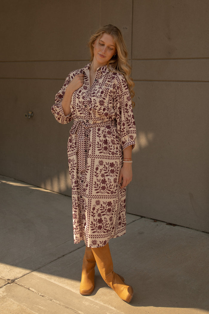 Adeleine Floral Shirt Dress (cream/wine)