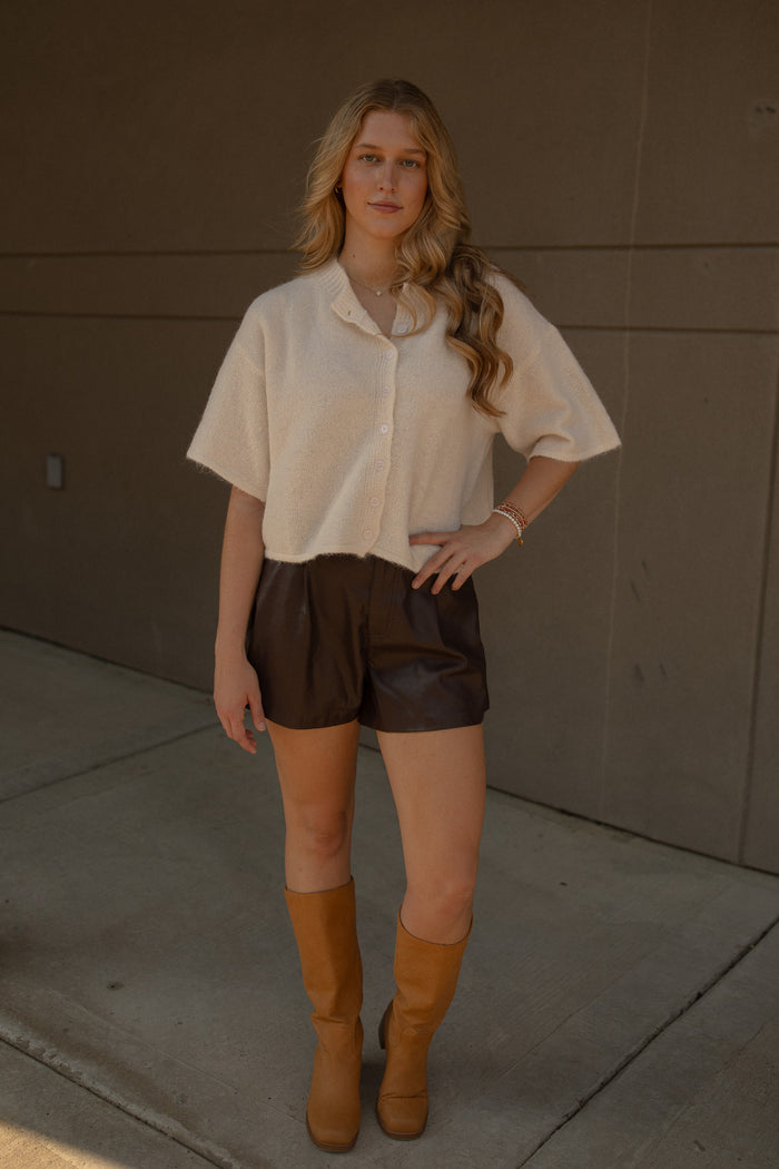 Flared Leather Shorts (dark oak)