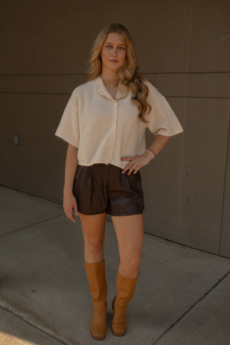 Flared Leather Shorts (dark oak)
