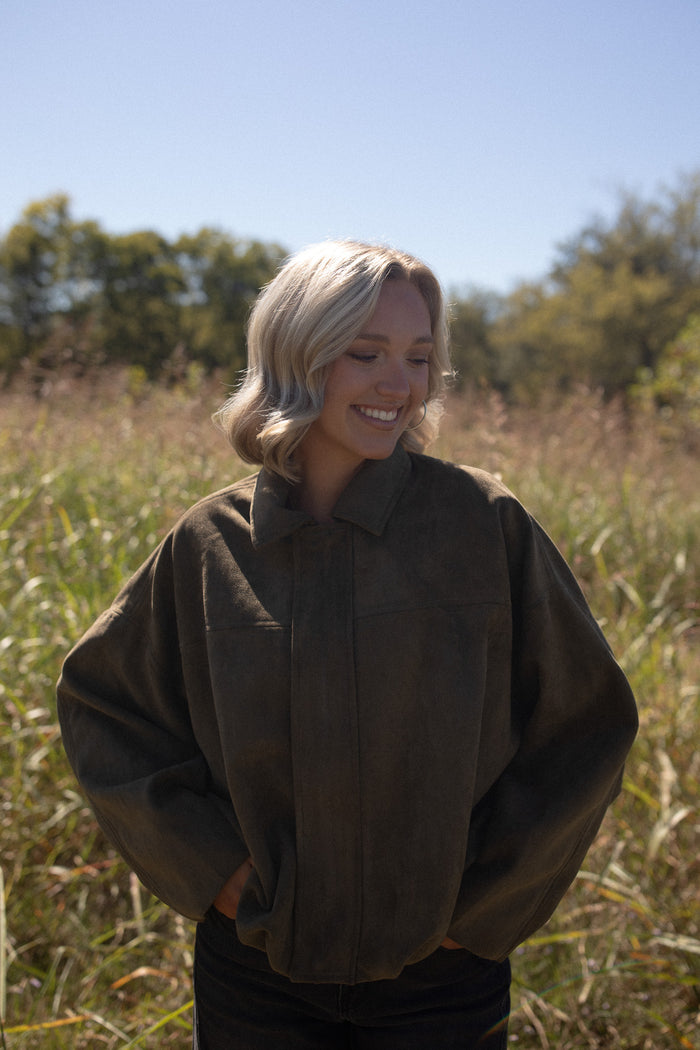 Olive Suede Bomber Jacket