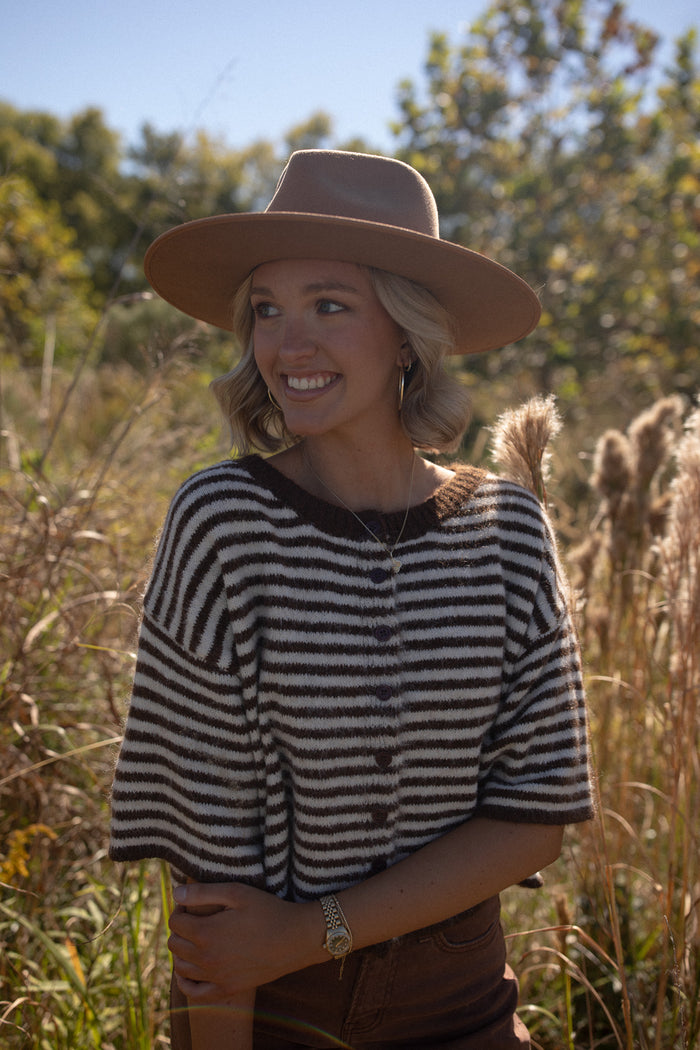 The Penny Cardigan (brown/ivory stripe)
