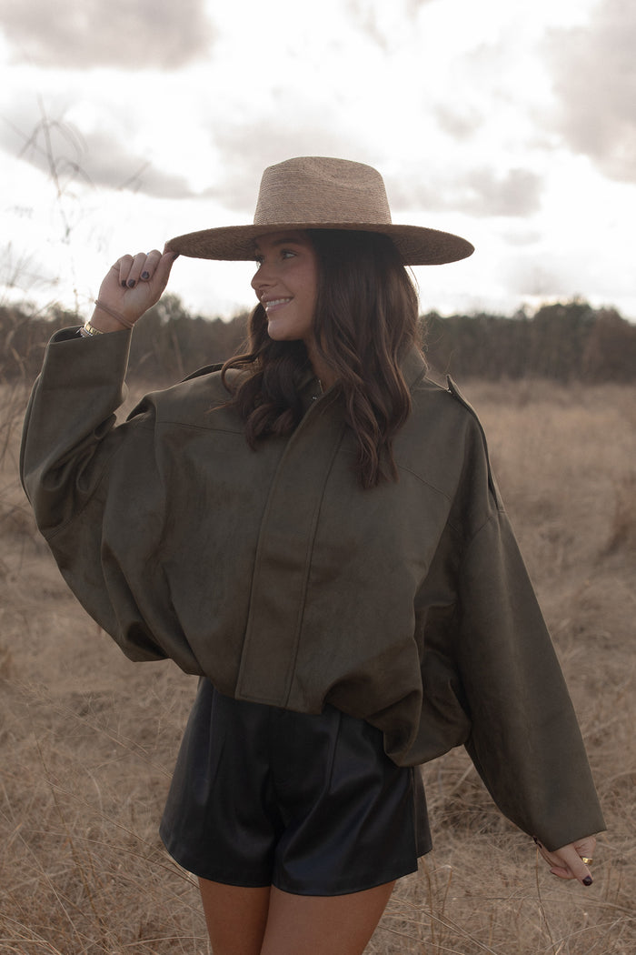 Olive Suede Bomber Jacket