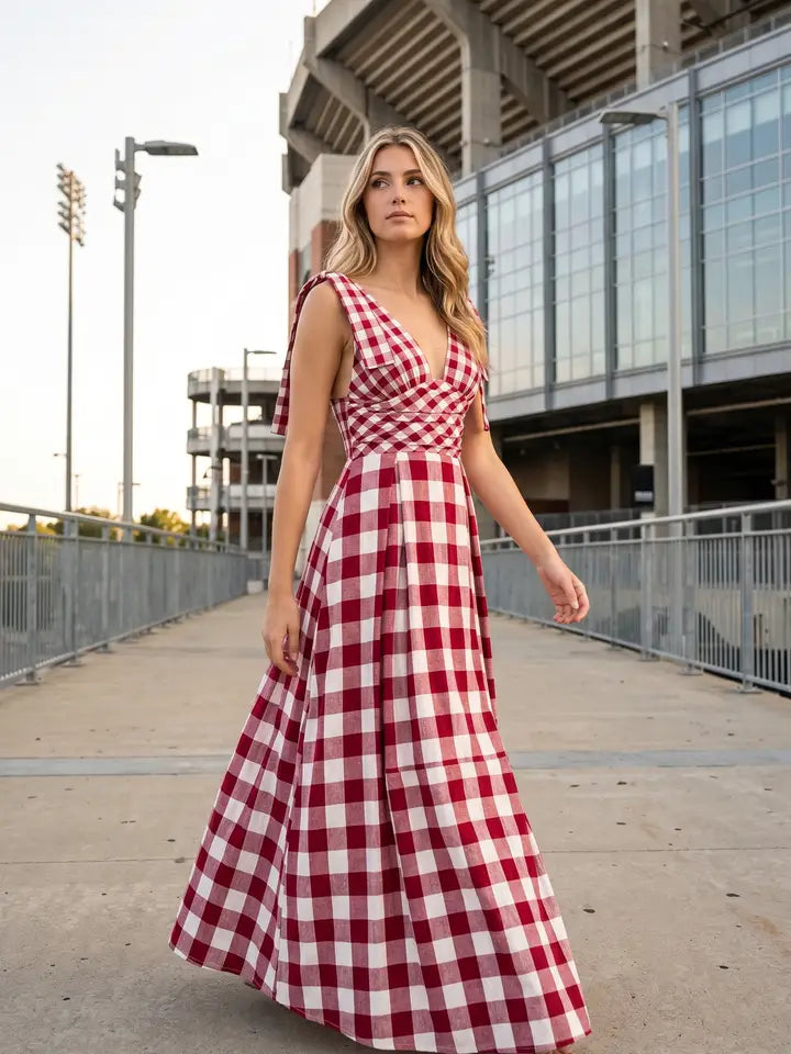 Checkered Maxi Dress (maroon) - GEORGE-MARY'S
