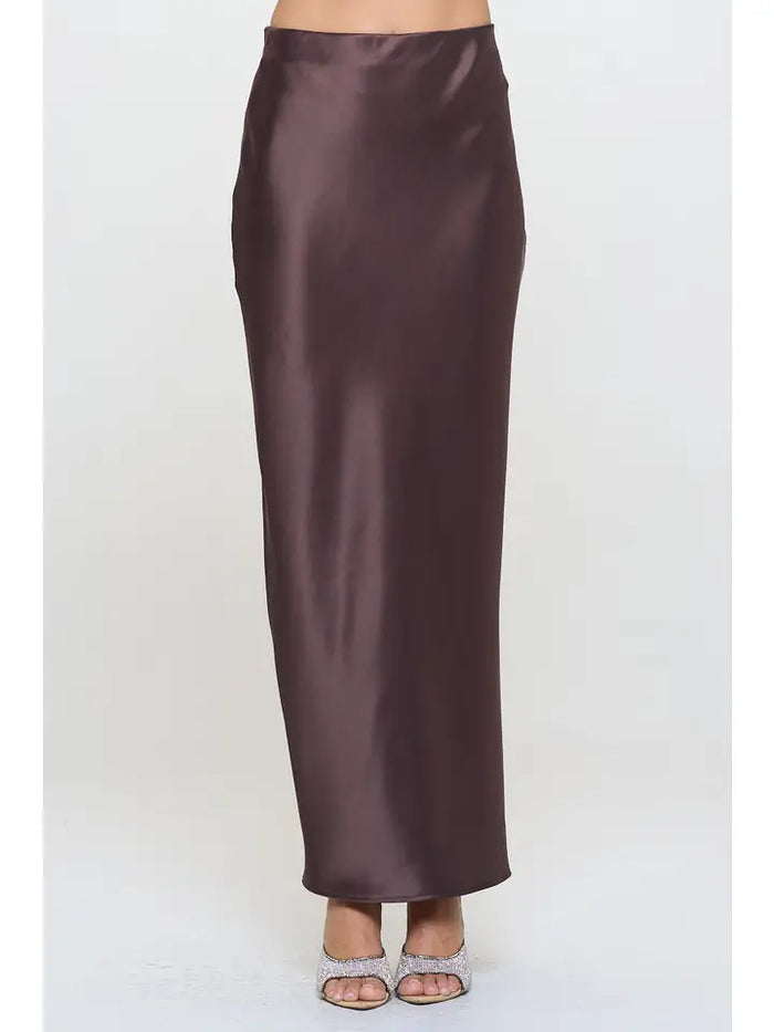 Satin Maxi Skirt with slit (cocoa brown) - GEORGE-MARY'S