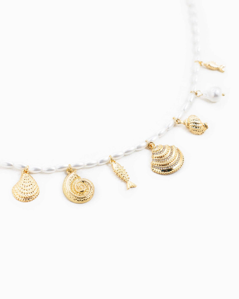 Gold Sea Life Charm Pearl Bead Necklace