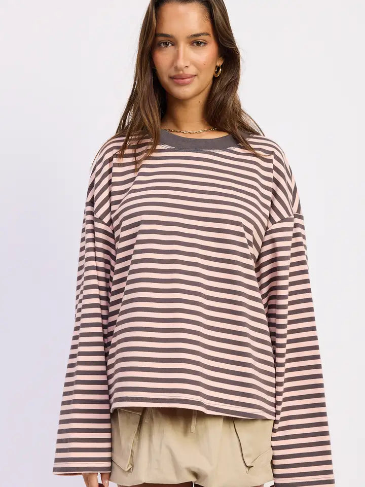 Graham Oversized Stripe LS Tee (pink/grey)