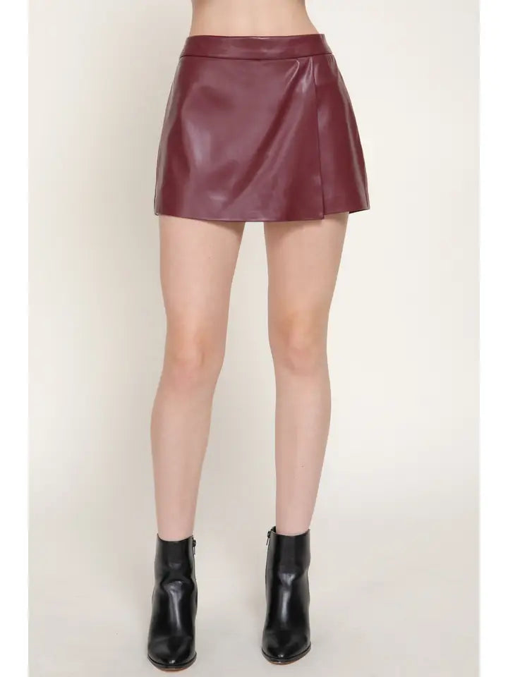 Wrap Faux Leather Skort (maroon)