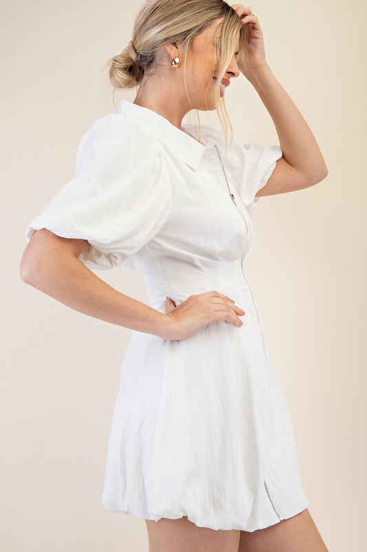 White Zipper Puff Sleeve Dress