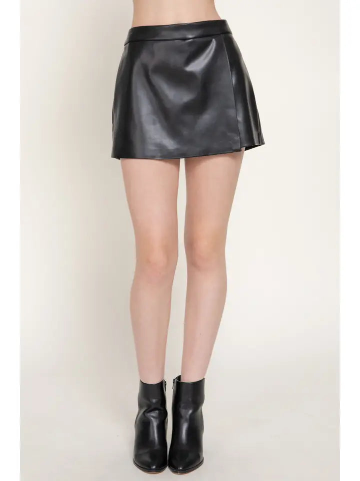 Wrap Faux Leather Skort (black)
