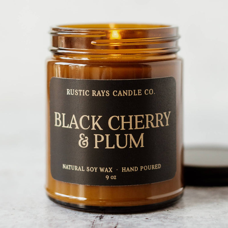 Black Cherry & Plum Soy Candle - 9 oz Amber Jar - Home Decor