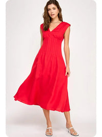 Pintuck Corset Midi Dress (red)
