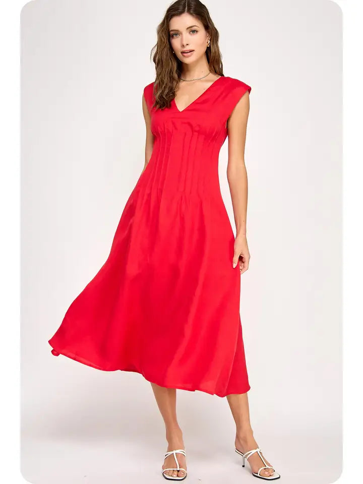 Pintuck Corset Midi Dress (red)