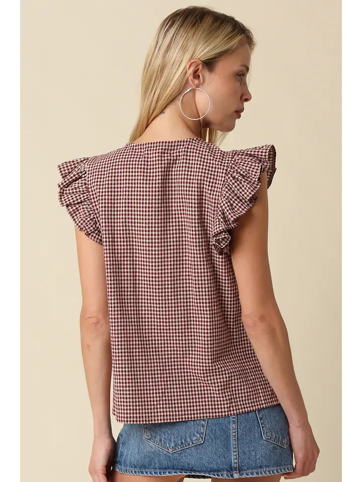 Clara Gingham Ruffle Blouse (maroon)