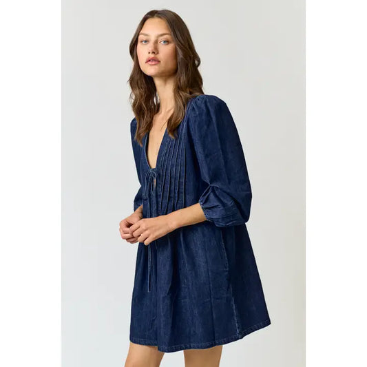 Denim Pleated Romper (dk denim)