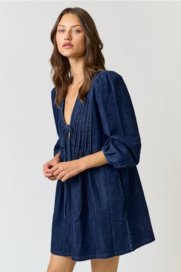 Denim Pleated Romper (dk denim)