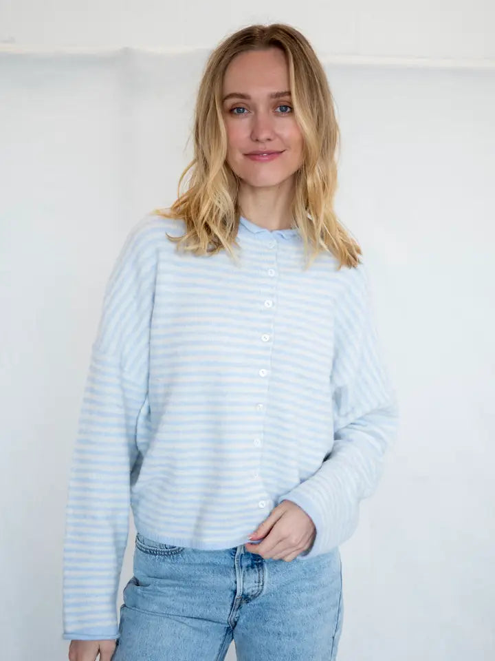 The Piper Cardigan (lt blue mini stripe) - GEORGE-MARY'S